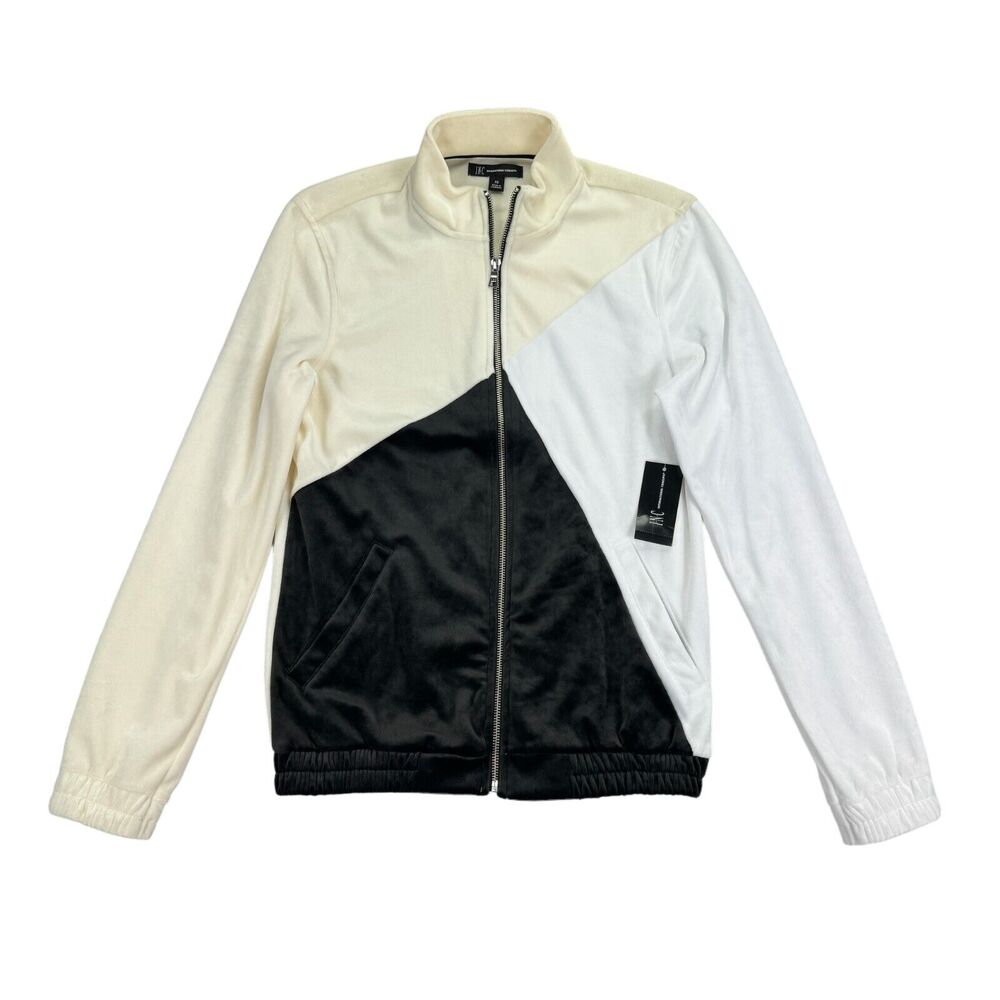 INC Mens Pieced Colorblock Velour Jacket Cream Black XS